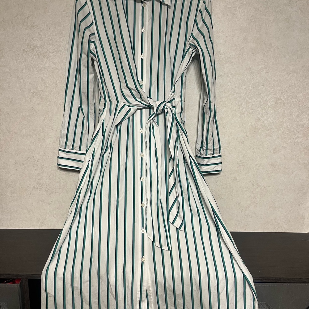 Universal Thread Women XS Green White Striped Long Sleeve Midi Shirtdress Cotton